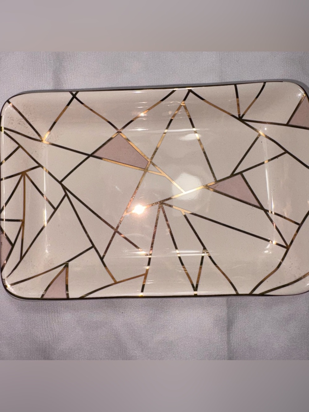 Summer & Rose Geometric Trinket Tray Jewelry Dish Gold Accent Ceramic 6.5”